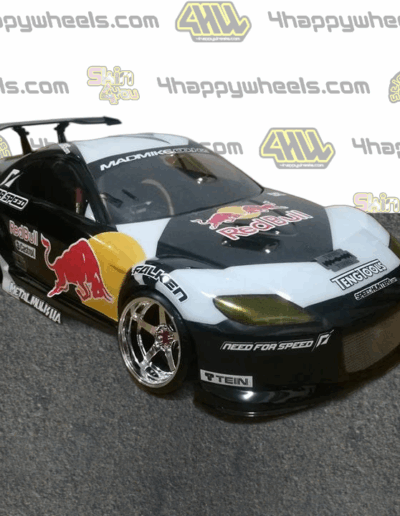 Front view of a 1:10 scale model of a drift car with Mad Mike decal