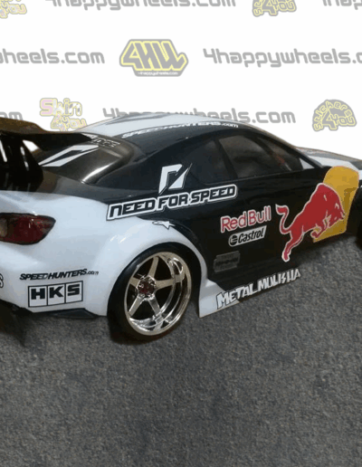 Right side view of a 1:10 scale model of a drift car featuring Mad Mike decal