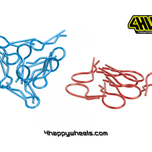 Set of RC car body clips in two sizes, with 10 small light blue R clips and 10 large red R clips